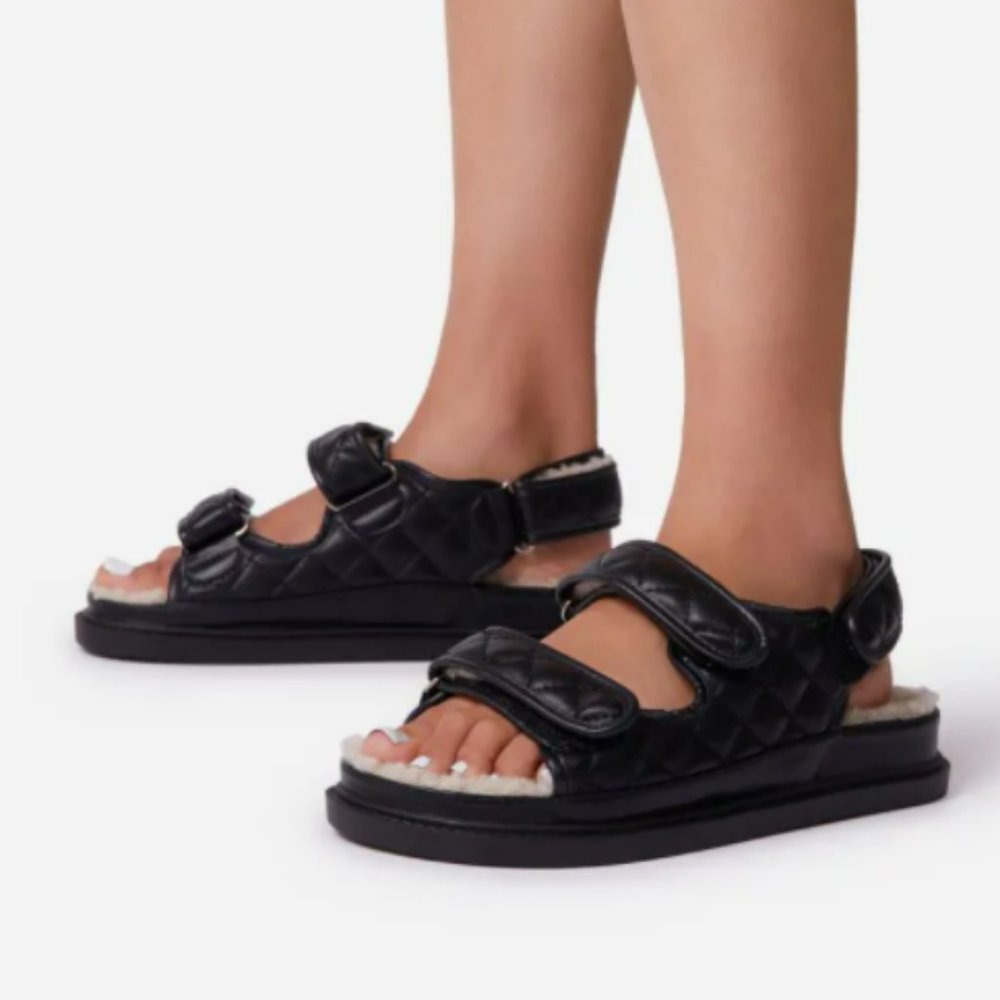 Black Quilted Sherpa Lined Sandals
